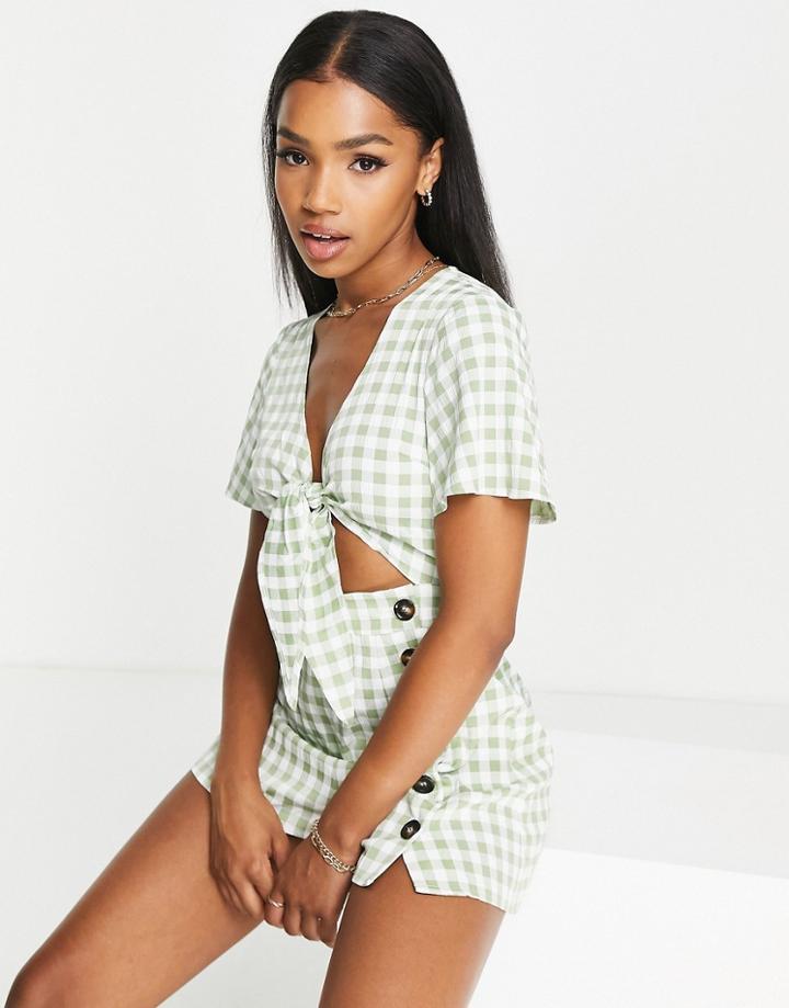 Asos Design Knot Front Button Detail Romper In Sage Gingham-multi