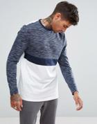 Asos Longline Long Sleeve T-shirt In Color Block With Interest Fabric - Navy