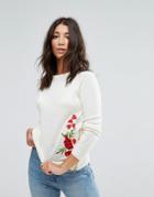 Brave Soul Posy Embroidered Sweater With Zip Detail - Cream