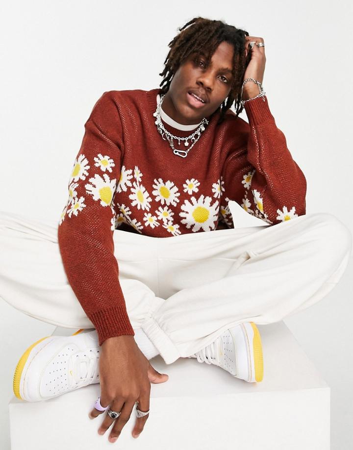 Asos Design Knitted Sweater With Floral Design-red