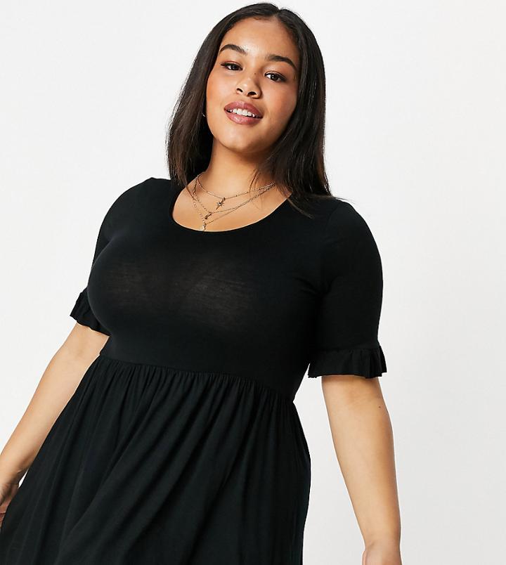 Flounce London Plus Basic Smock Dress With Ruffle Sleeve In Black