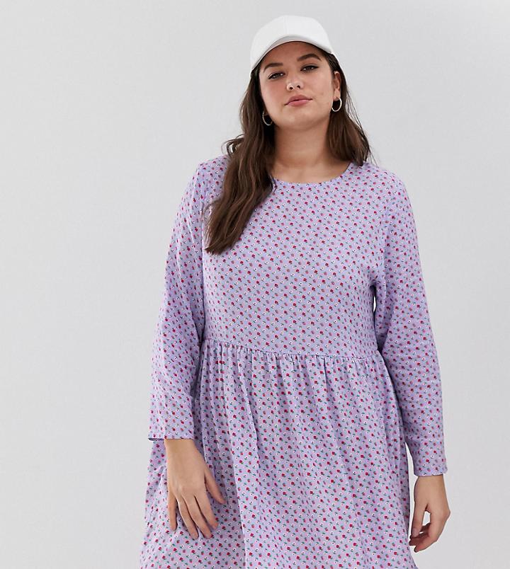 Daisy Street Plus Long Sleeve Smock Dress In Ditsy Print - Purple