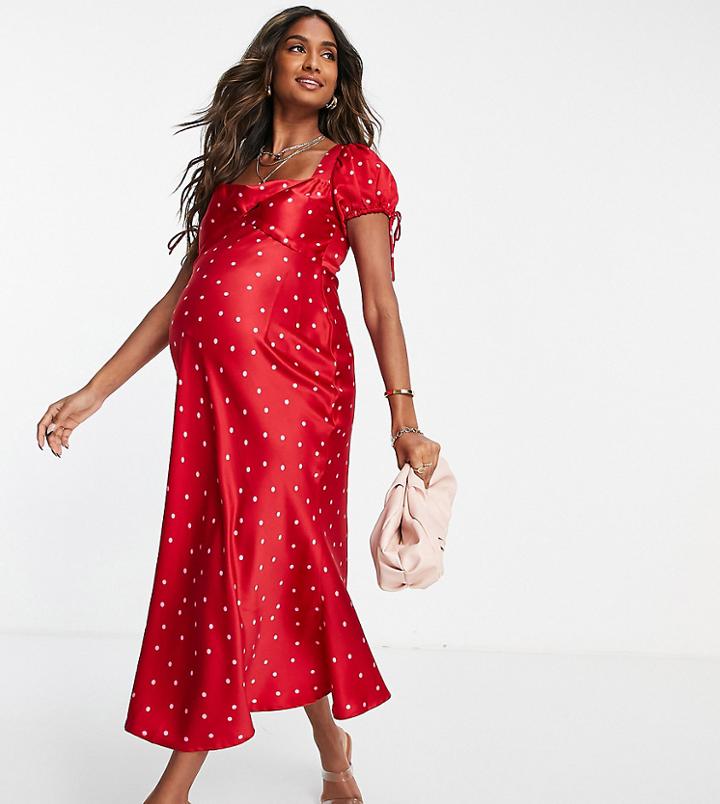 Asos Design Maternity Satin Midi Tea Dress With Twist Front In Spot Print-multi