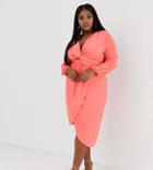 Tfnc Plus Knot Waist Long Sleeve Wrap Dress In Coral - Orange