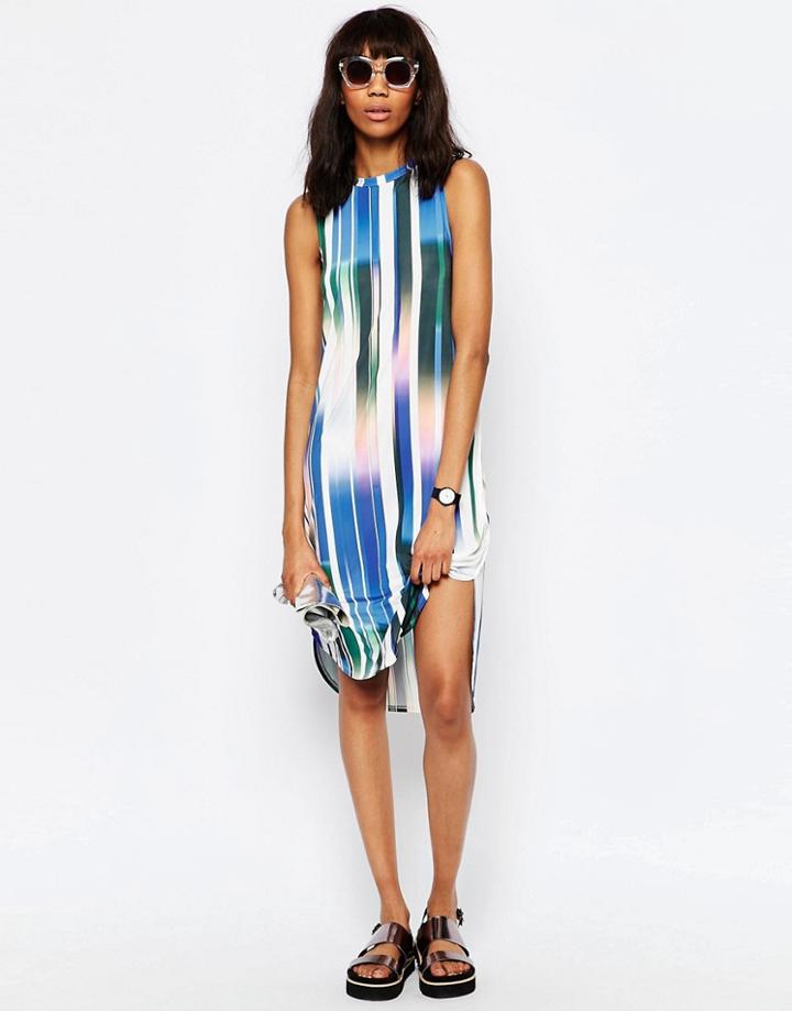 Asos Sleeveless Midi T-shirt Dress In Digital Stripe - Multi