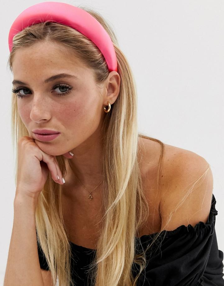 Asos Design Padded Headband In Hot Pink Satin - Pink