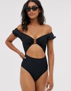 Fashion Union Cut Out Swimsuit With Puff Sleeve In Black
