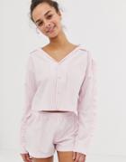 Hey Peachy Revere Stripe Pyjama Short Set With Ruffle Trim In Pink - Pink