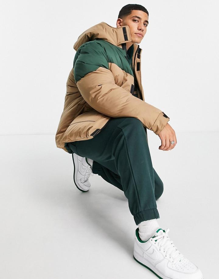 Asos Design Puffer Jacket In Brown With Contrast Khaki Panel