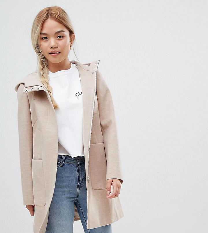 Asos Design Petite Zip Through Coat With Hood - Beige