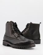 Selected Homme Leather Brogue Boots In Black