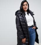 Lovedrobe Wet Look Long Quilted Coat With Faux Fur Trim - Black