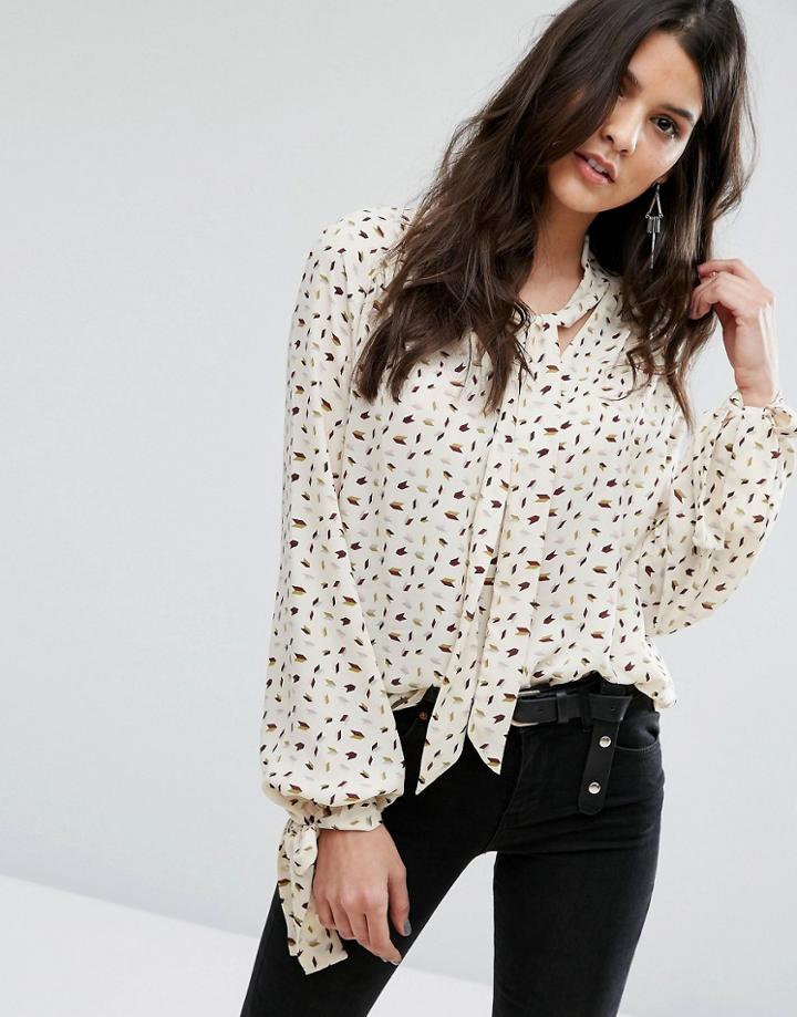 Mango Tie Neck Printed Blouse - Cream
