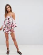 En Creme Floral Shorts With Side Smocking Detail - Pink