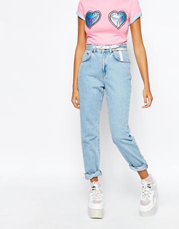The Ragged Priest Mom Jeans With Goodie Patches - Blue