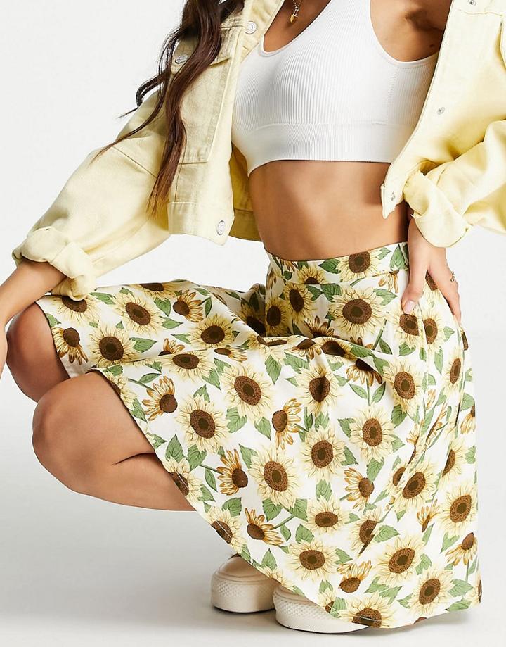 Monki Malina Mini Skater Skirt In Yellow Sunflower-blues