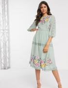 Asos Design Embroidered Midi Skater Dress With Lace Trims And Puff Sleeves In Sage Green