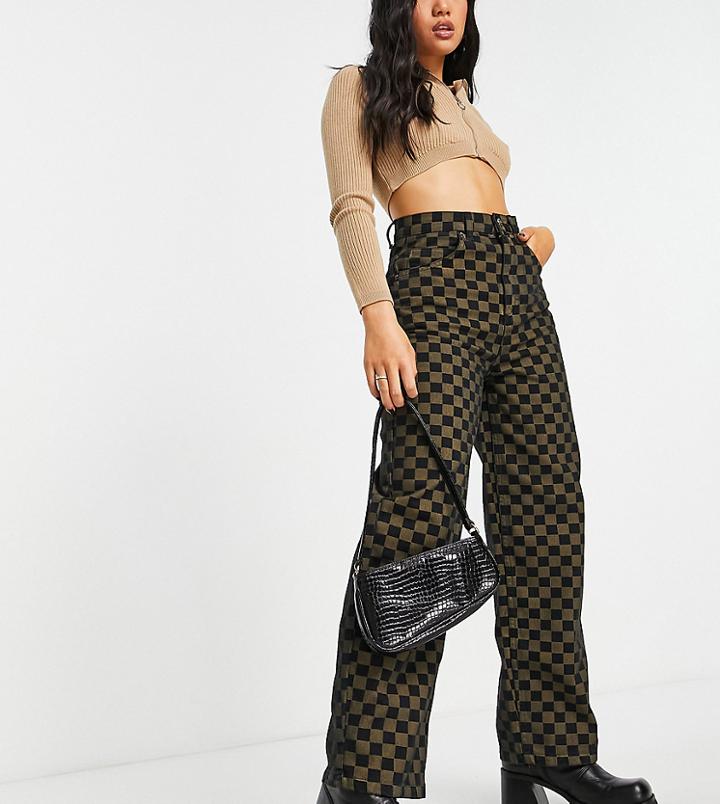 Topshop Petite Organic Cotton Baggy Checkerboard Jeans In Khaki-green