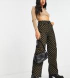 Topshop Petite Organic Cotton Baggy Checkerboard Jeans In Khaki-green