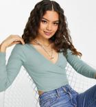 Asos Design Petite Long Sleeve Wrap Front Crop Top In Teal-green