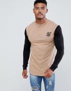 Siksilk Long Sleeve T-shirt In Beige With Contrast Sleeves And Grandad Collar - Beige