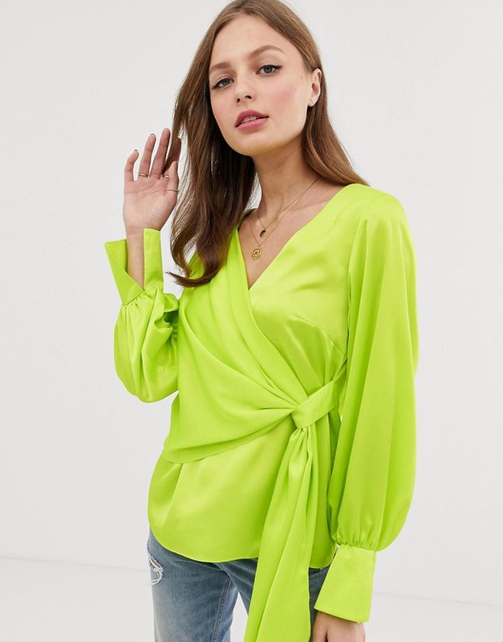 Asos Design Long Sleeve V Neck Top With Drape Front And Cuffs In Neon-white