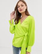 Asos Design Long Sleeve V Neck Top With Drape Front And Cuffs In Neon-white
