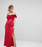 True Violet Velvet Cross Front Bardot Maxi Dress With Split-red