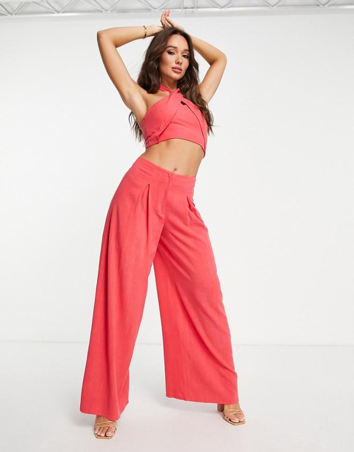 Asos Design Wide Leg Linen Pants With Pleat Front In Red - Part Of A Set