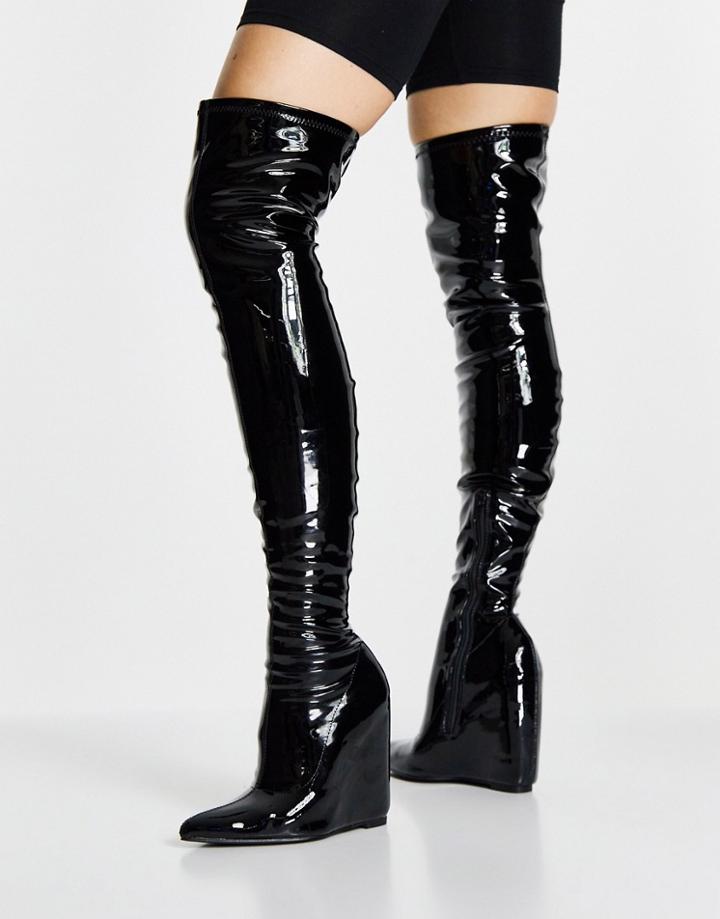 Asos Design Krissy High-heeled Over The Knee Wedges In Black Patent