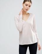 Asos V-neck Long Sleeve T-shirt In Linen Mix Fabric - Cream