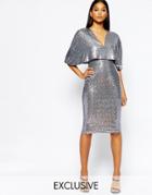 Club L Kimono Sleeve Midi Dress In Allover Sequin With Center Split - Pewter