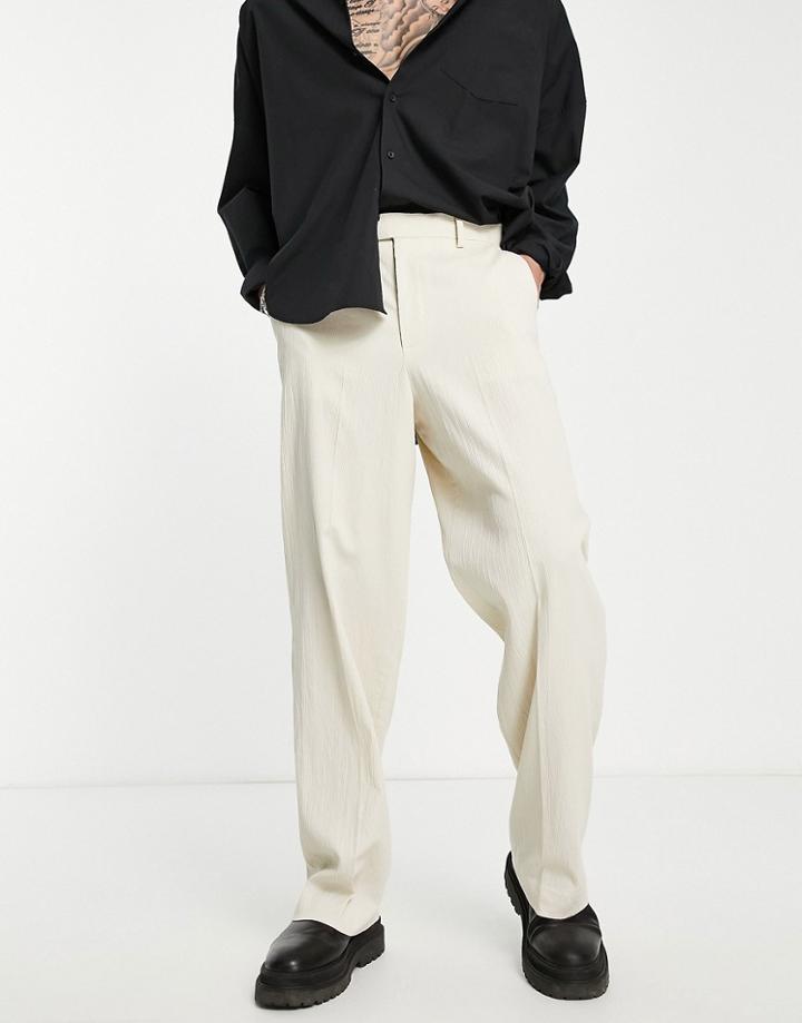Asos Design Linen Mix Wide Leg Smart Pants In Ecru Crinkle-white