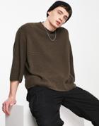 Asos Design Knitted Oversized Half Sleeve Rib Sweater In Brown