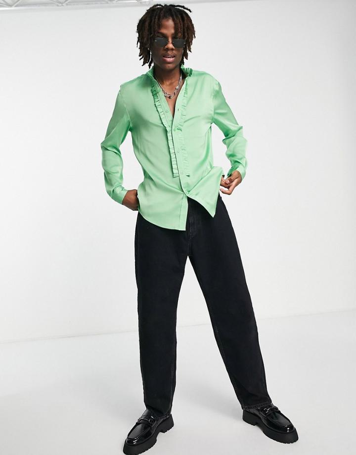 Asos Design Regular Satin Shirt With Ruffle Front In Bright Green - Mgreen