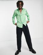 Asos Design Regular Satin Shirt With Ruffle Front In Bright Green - Mgreen