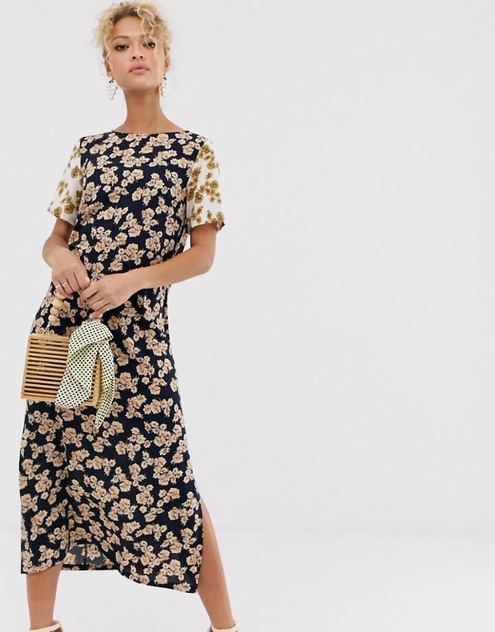 Never Fully Dressed Contrast Sleeve Midi Dress In Multi Floral Print