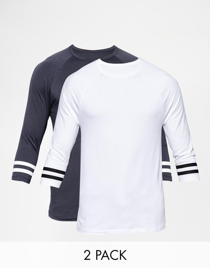 Asos Muscle 3/4 Sleeve T-shirt With Varsity Sleeve In Black 2 Pack Save 17%