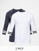 Asos Muscle 3/4 Sleeve T-shirt With Varsity Sleeve In Black 2 Pack Save 17%