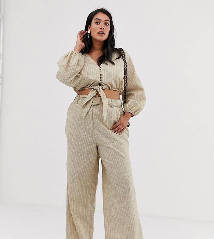 Neon Rose Plus Wide Leg Pants With Belt In Summer Pinstripe - Beige