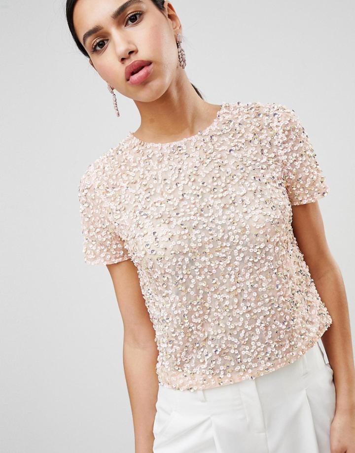 Asos Design T-shirt With Sequin Embellishment - Pink