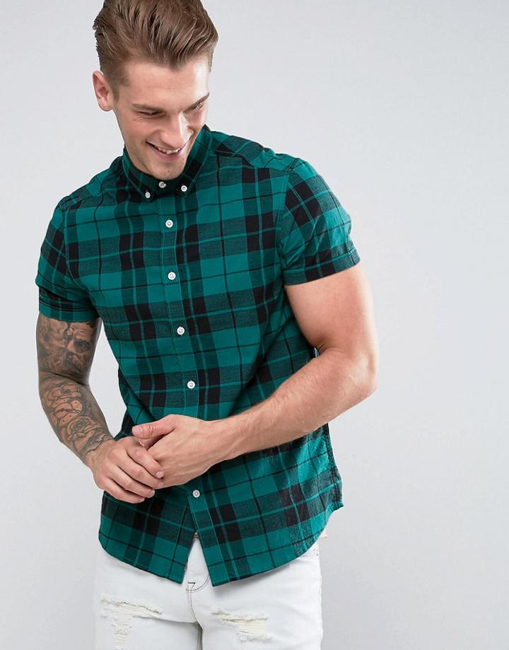 Asos Stretch Slim Poplin Check Shirt In Green - Green