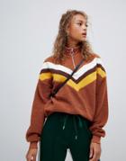 New Look Chevron Half Zip Sweater - Brown
