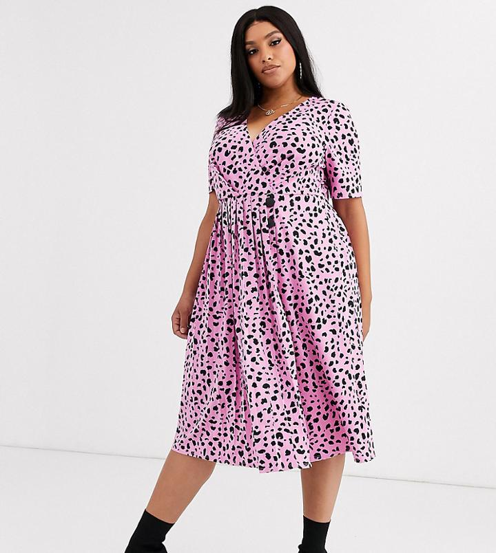 Asos Design Curve Pleated Skirt Midi Dress With Button Detail In Animal Print-multi