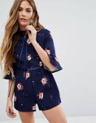 Young Bohemians Romper With Ribbon Tie High Neck Detail - Navy