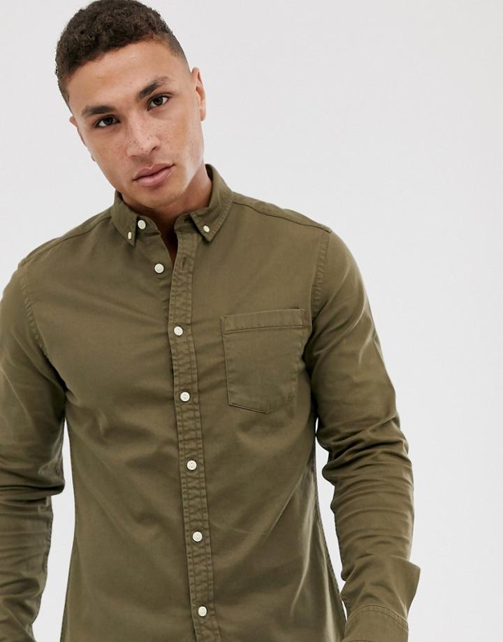 Asos Design Stretch Slim Denim Shirt In Khaki