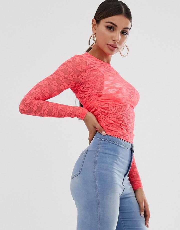 Asos Design Long Sleeve Sheer Lace Top In Neon Pink - Pink
