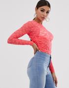 Asos Design Long Sleeve Sheer Lace Top In Neon Pink - Pink