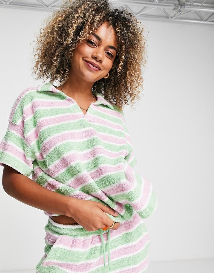 Asos Design Lounge Brushed Terry Stripe Collared Top In Pink & Green - Part Of A Set-multi