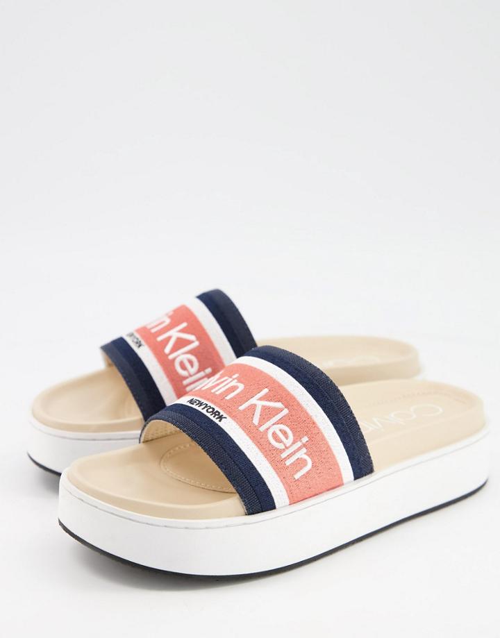 Calvin Klein Jaimee Flatform Sole Logo Slides In Pink